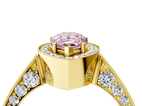 Yellow gold Fancy Pink Pear Cut Halo Diamond Engagement Ring with Split Shank Band and Four-Prong Setting_4