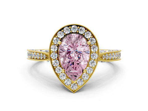 Yellow gold Fancy Pink Pear Cut Halo Diamond Engagement Ring with Split Shank Band and Four-Prong Setting