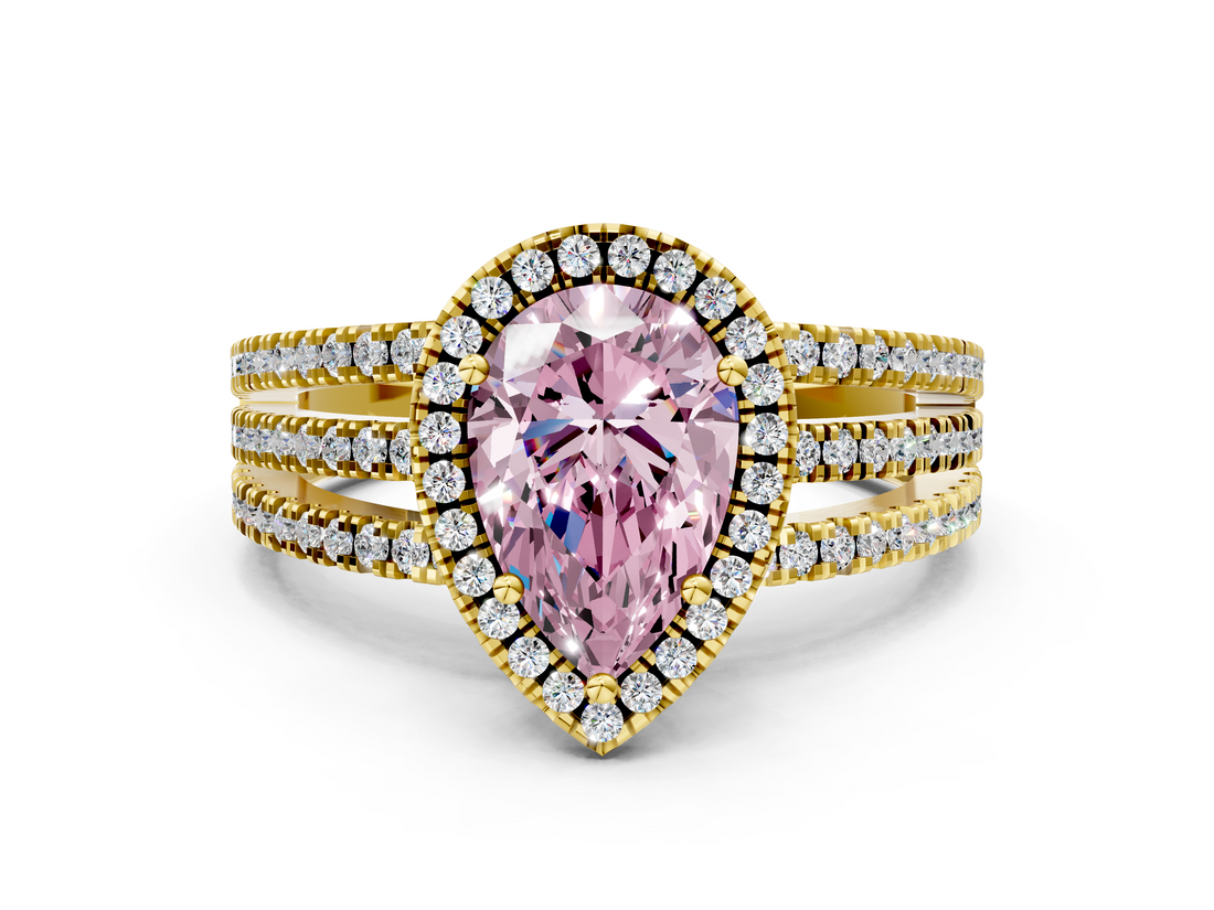 Yellow gold Fancy Pink Pear  Cut Halo Diamond Engagement Ring with Split Shank and Four-Prong Setting_20