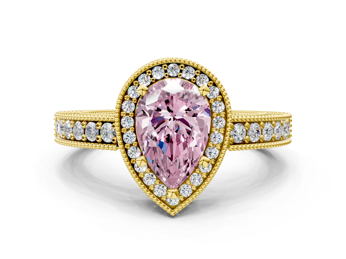Yellow gold Fancy Pink Pear  Cut Halo Diamond Pave Band Ring with Four-Prong Setting_45