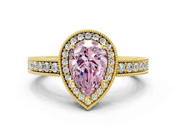 Yellow gold Fancy Pink Pear  Cut Halo Diamond Pave Band Ring with Four-Prong Setting