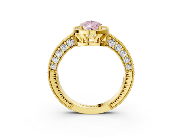 Yellow gold Fancy Pink Pear  Cut Halo Diamond Pave Band Ring with Four-Prong Setting