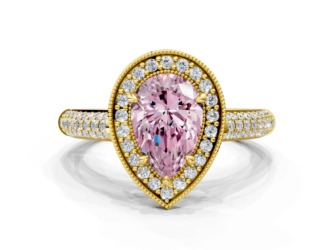 Yellow gold Fancy Pink Pear  Cut Halo Diamond Pave Band with Four-Prong Setting_37