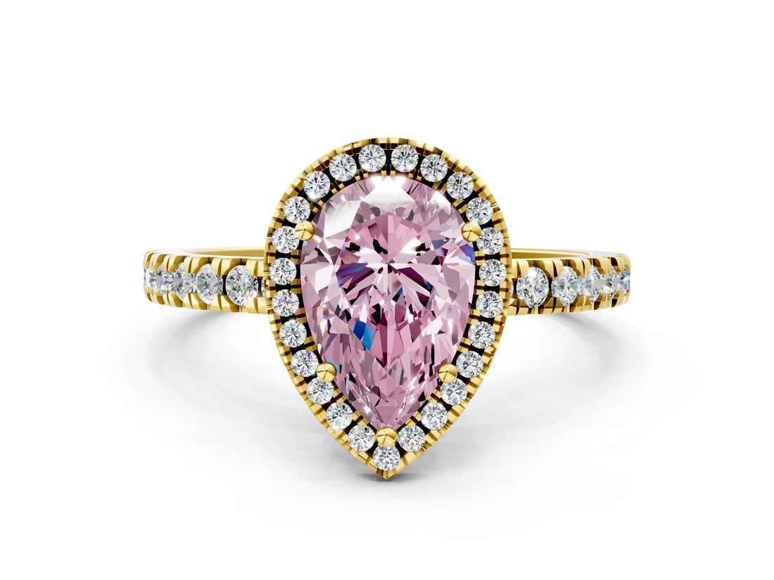 Yellow gold Fancy Pink Pear Cut Halo Diamond Pave Band with Prong Setting