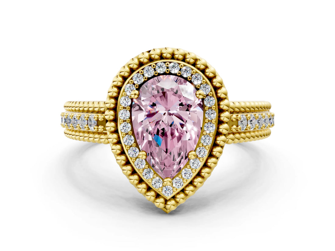 Yellow gold Fancy Pink Pear Cut Halo Diamond Ring with Beaded Split Shank and Four-Prong Setting