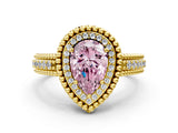 Yellow gold Fancy Pink Pear Cut Halo Diamond Ring with Beaded Split Shank and Four-Prong Setting