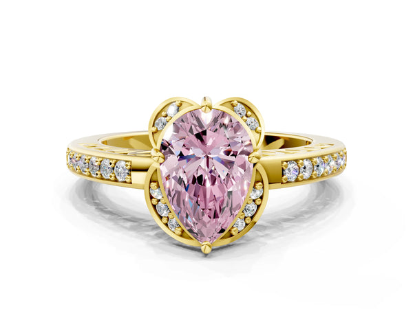 Yellow gold Fancy Pink Pear  Cut Halo Diamond Ring with Channel Set Band and Four-Prong Setting