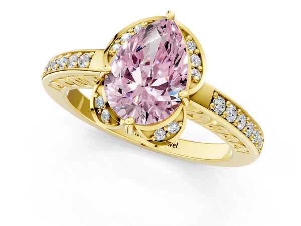 Yellow gold Fancy Pink Pear  Cut Halo Diamond Ring with Channel Set Band and Four-Prong Setting