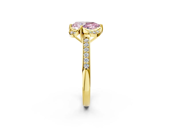 Yellow gold Fancy Pink Pear  Cut Halo Diamond Ring with Channel Set Band and Four-Prong Setting