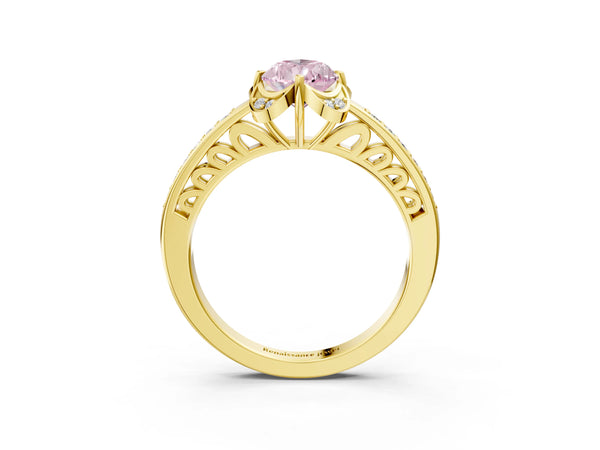 Yellow gold Fancy Pink Pear  Cut Halo Diamond Ring with Channel Set Band and Four-Prong Setting