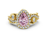 Yellow gold Fancy Pink Pear Cut Halo Diamond Ring with Milgrain and Bezel Accents on a Split Shank Band_12