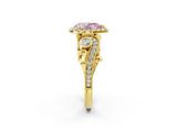 Yellow gold Fancy Pink Pear Cut Halo Diamond Ring with Milgrain and Bezel Accents on a Split Shank Band_14