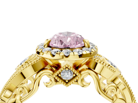Yellow gold Fancy Pink Pear Cut Halo Diamond Ring with Milgrain and Bezel Accents on a Split Shank Band_4