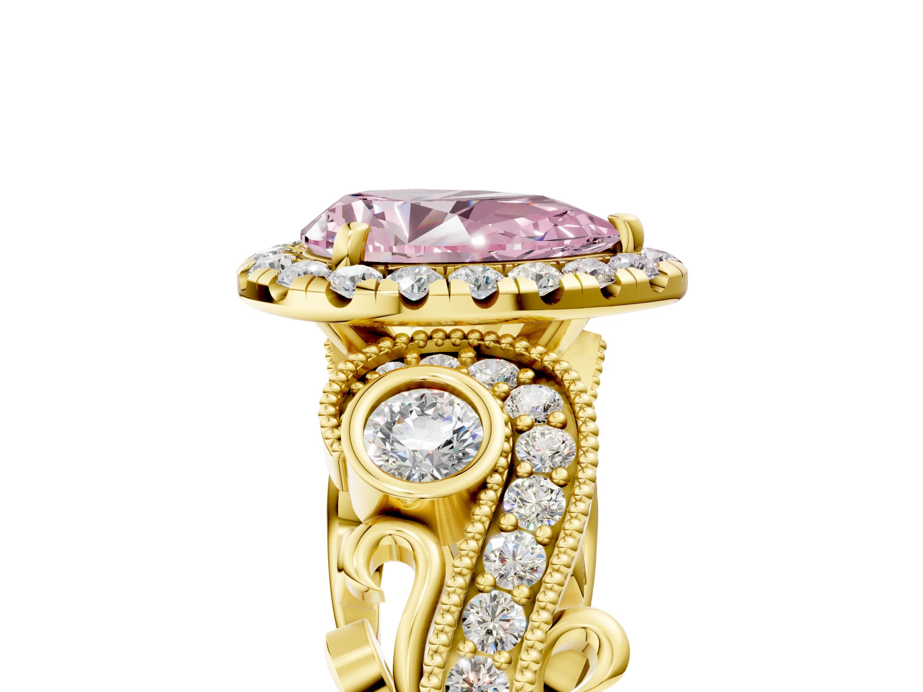 Yellow gold Fancy Pink Pear Cut Halo Diamond Ring with Milgrain and Bezel Accents on a Split Shank Band_5