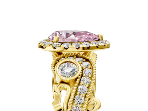 Yellow gold Fancy Pink Pear Cut Halo Diamond Ring with Milgrain and Bezel Accents on a Split Shank Band_5