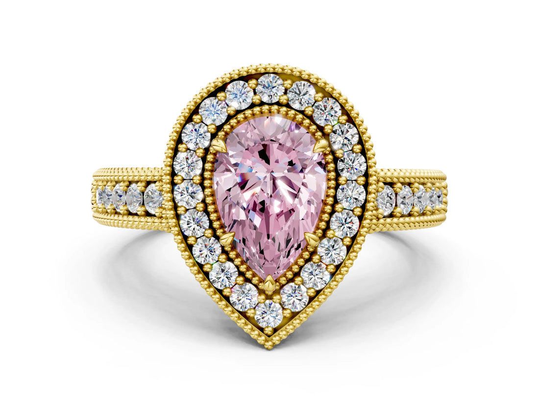 Yellow gold Fancy Pink Pear  Cut Halo Diamond Ring with Pavé Band and Four-Prong Setting_117