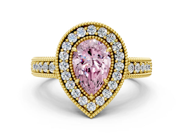 Yellow Gold Pear-Shaped Vintage Milgrain Halo Engagement Ring Setting for Fancy Pink Center with Pave Band and Engraving