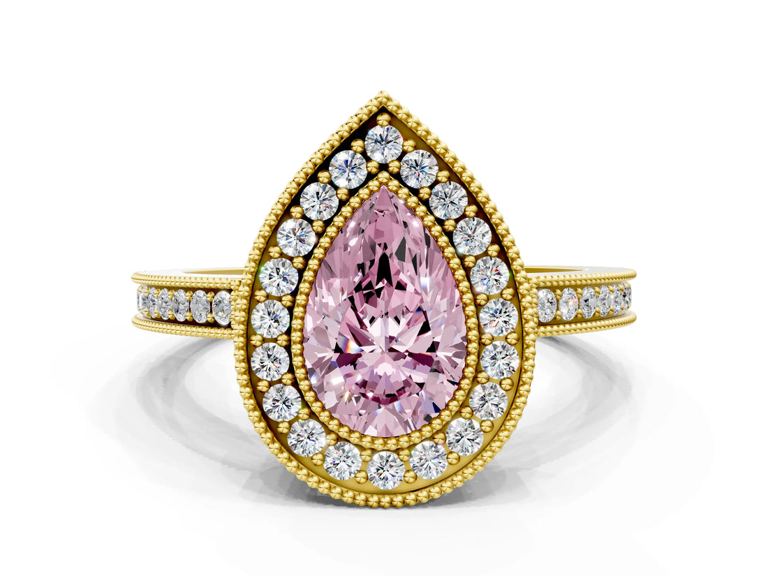 Yellow gold Fancy Pink Pear  Cut Halo Diamond Ring with Pavé Band and Milgrain Prong Setting_32