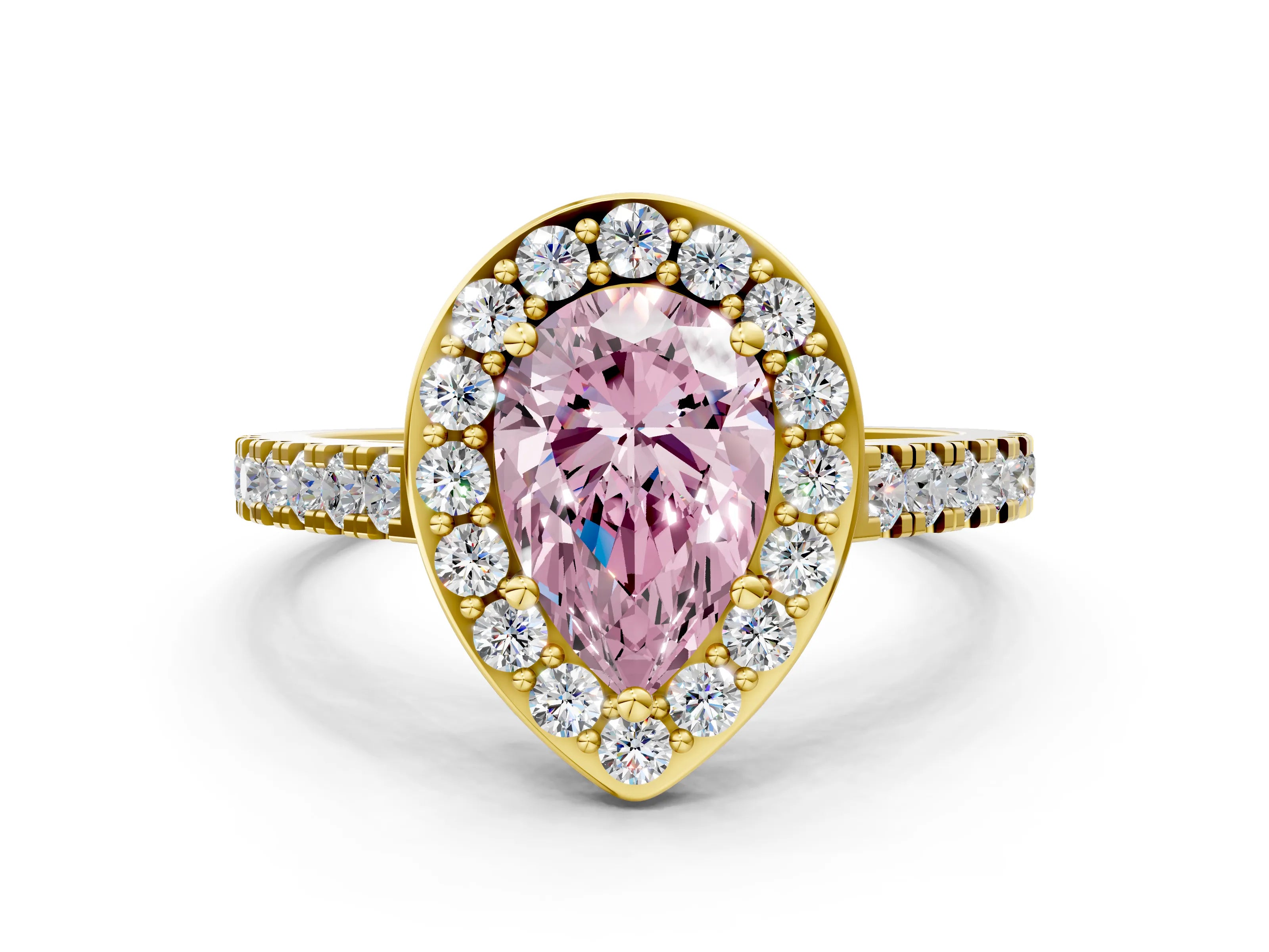 Yellow gold Fancy Pink Pear Cut Halo Diamond Ring with Pavé Band and Three-Prong Setting