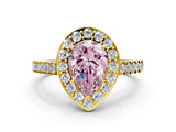 Yellow gold Fancy Pink Pear Cut Halo Diamond Ring with Pavé Band and Three-Prong Setting