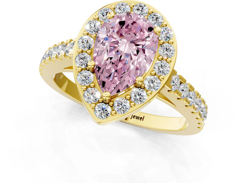 Yellow gold Fancy Pink Pear Cut Halo Diamond Ring with Pavé Band and Three-Prong Setting_1