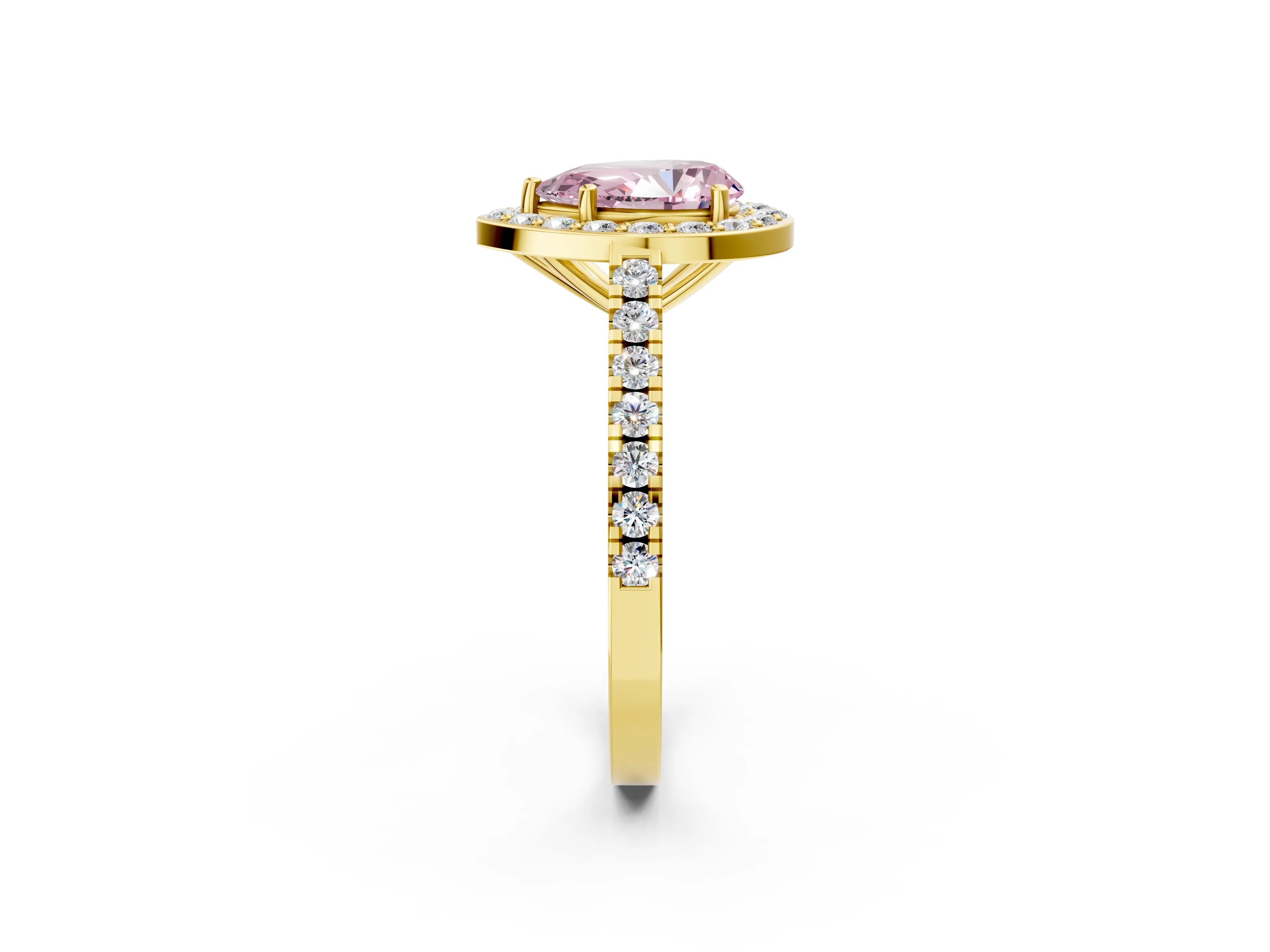 Yellow gold Fancy Pink Pear Cut Halo Diamond Ring with Pavé Band and Three-Prong Setting_2
