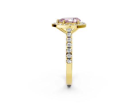 Yellow gold Fancy Pink Pear Cut Halo Diamond Ring with Pavé Band and Three-Prong Setting_2
