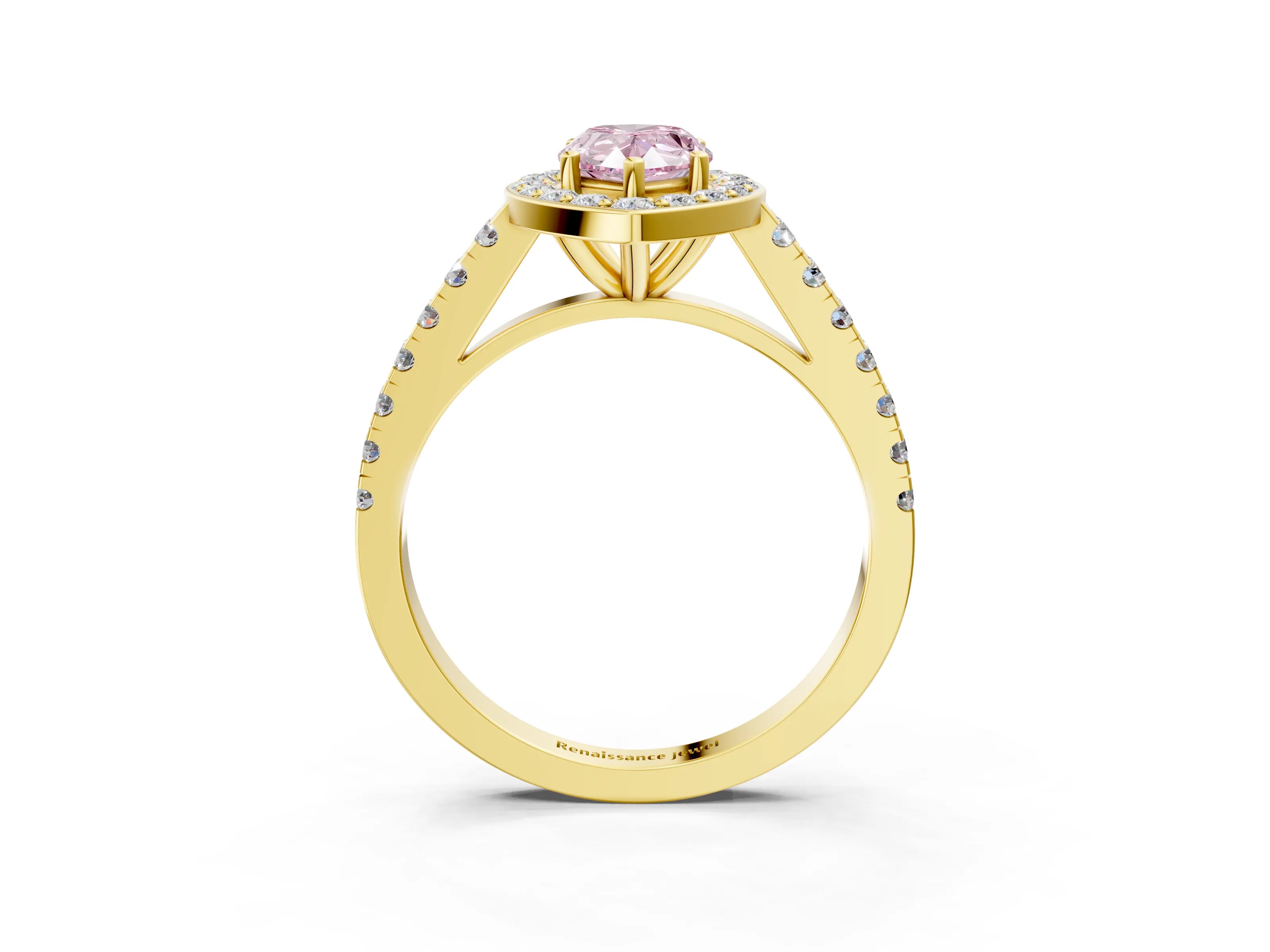 Yellow gold Fancy Pink Pear Cut Halo Diamond Ring with Pavé Band and Three-Prong Setting_3