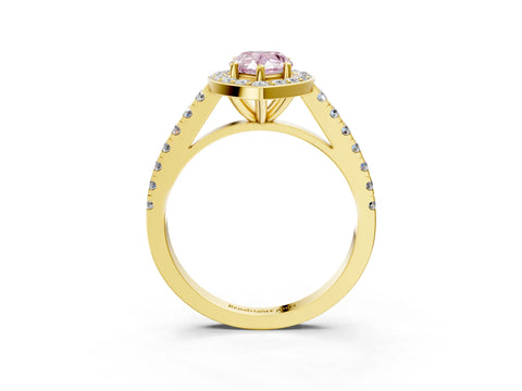 Yellow gold Fancy Pink Pear Cut Halo Diamond Ring with Pavé Band and Three-Prong Setting_3