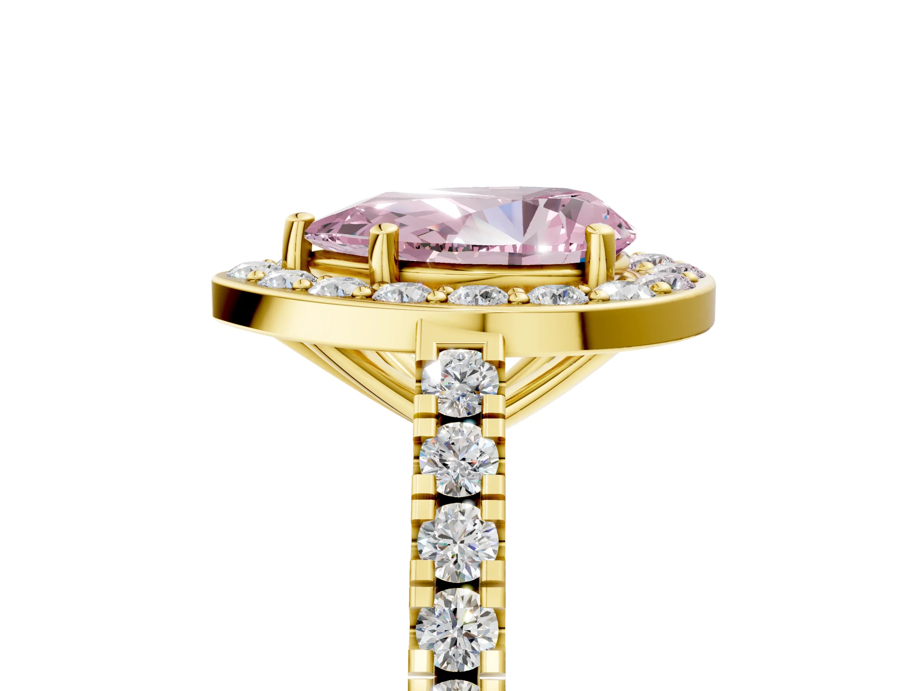 Yellow gold Fancy Pink Pear Cut Halo Diamond Ring with Pavé Band and Three-Prong Setting_5