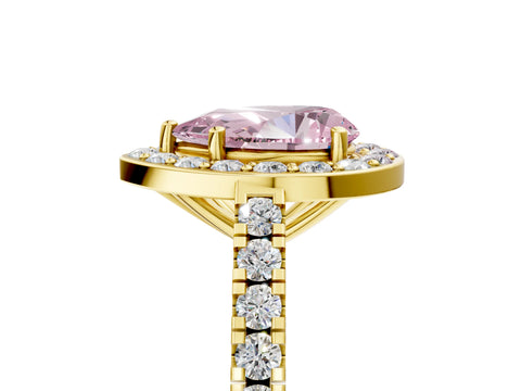 Yellow gold Fancy Pink Pear Cut Halo Diamond Ring with Pavé Band and Three-Prong Setting_5