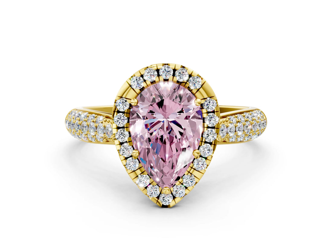 Yellow gold Fancy Pink Pear Cut Halo Diamond Ring with Pavé Band