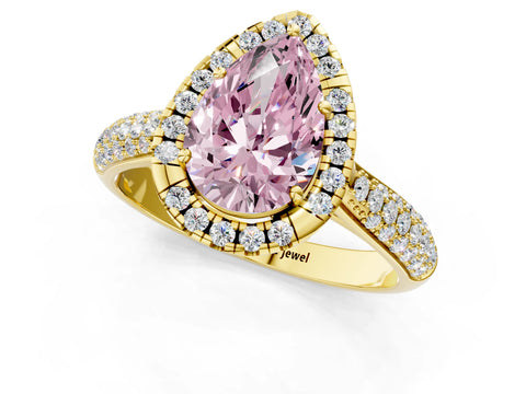Yellow gold Fancy Pink Pear Cut Halo Diamond Ring with Pavé Band_1