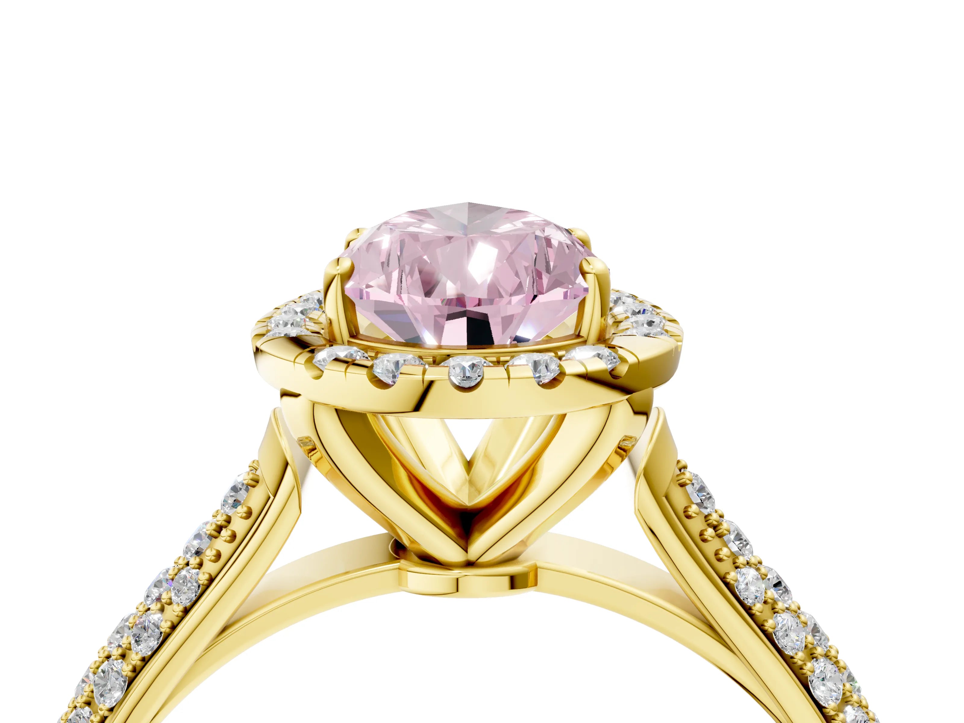 Yellow gold Fancy Pink Pear Cut Halo Diamond Ring with Pavé Band_4