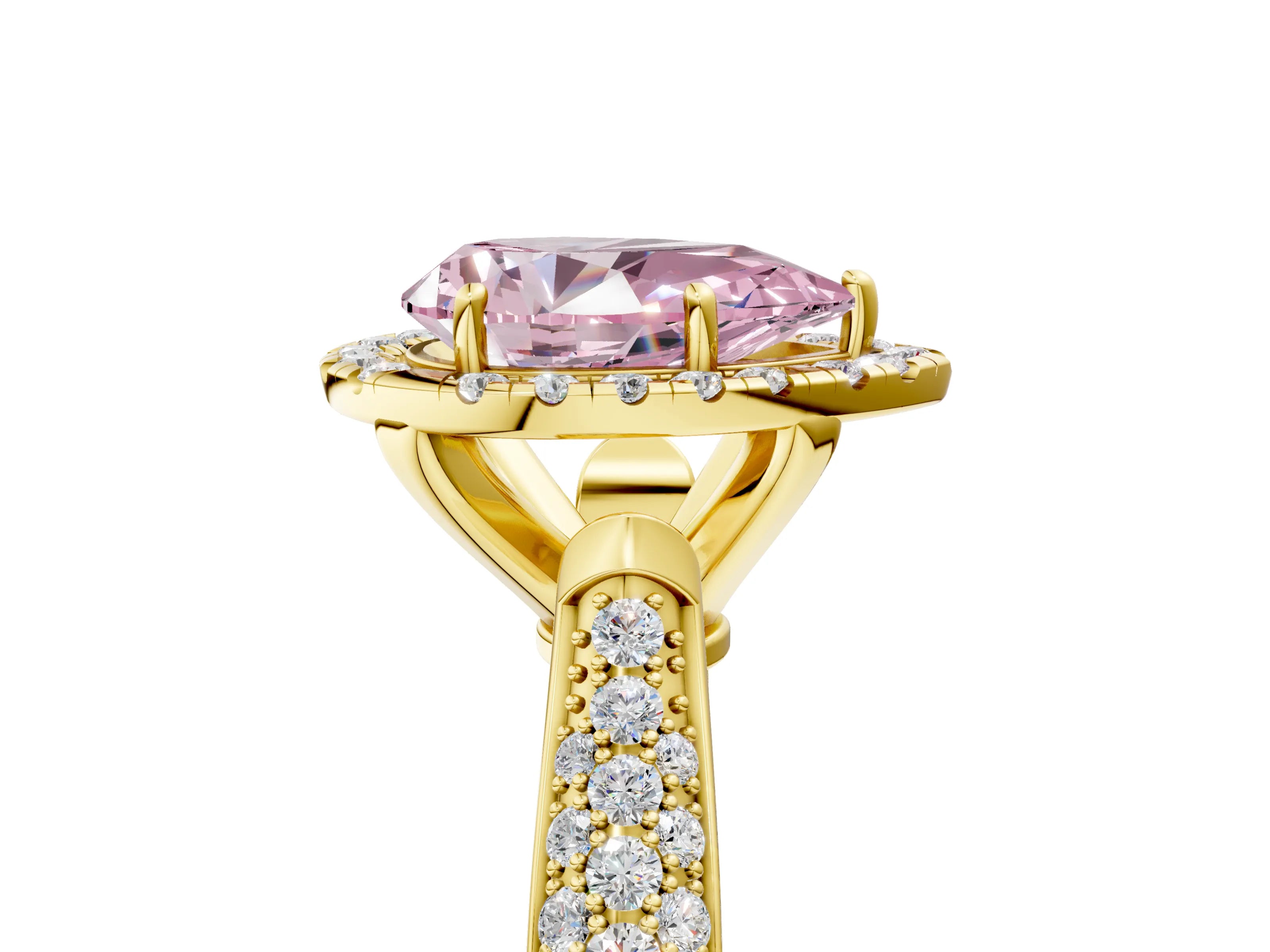 Yellow gold Fancy Pink Pear Cut Halo Diamond Ring with Pavé Band_5