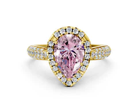 Yellow gold Fancy Pink Pear Cut Halo Diamond Ring with Pavé Band