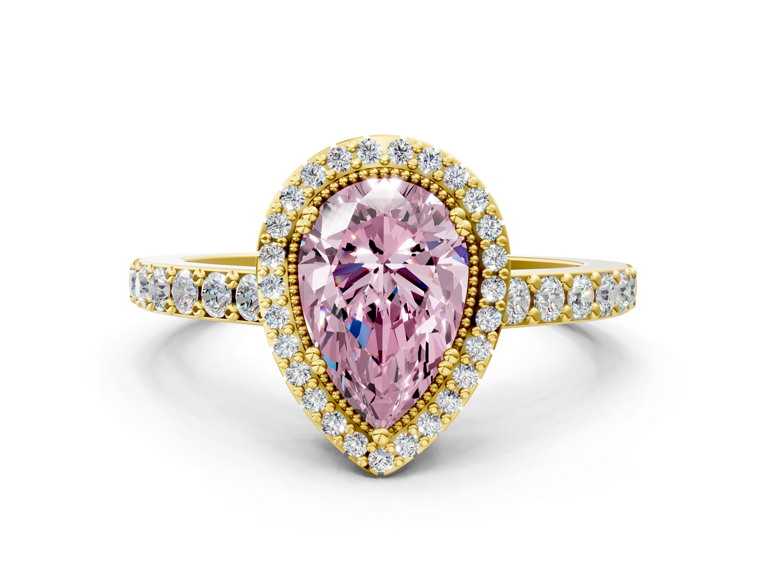 Yellow gold Fancy Pink Pear  Cut Halo Diamond Ring with Pave Band and Four-Prong Setting_25