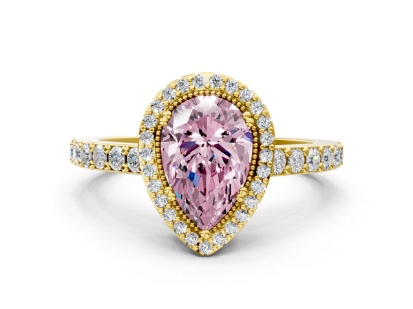 Yellow gold Fancy Pink Pear  Cut Diamond Halo Engagement Ring with Milgrain Detail and Pavé Band
