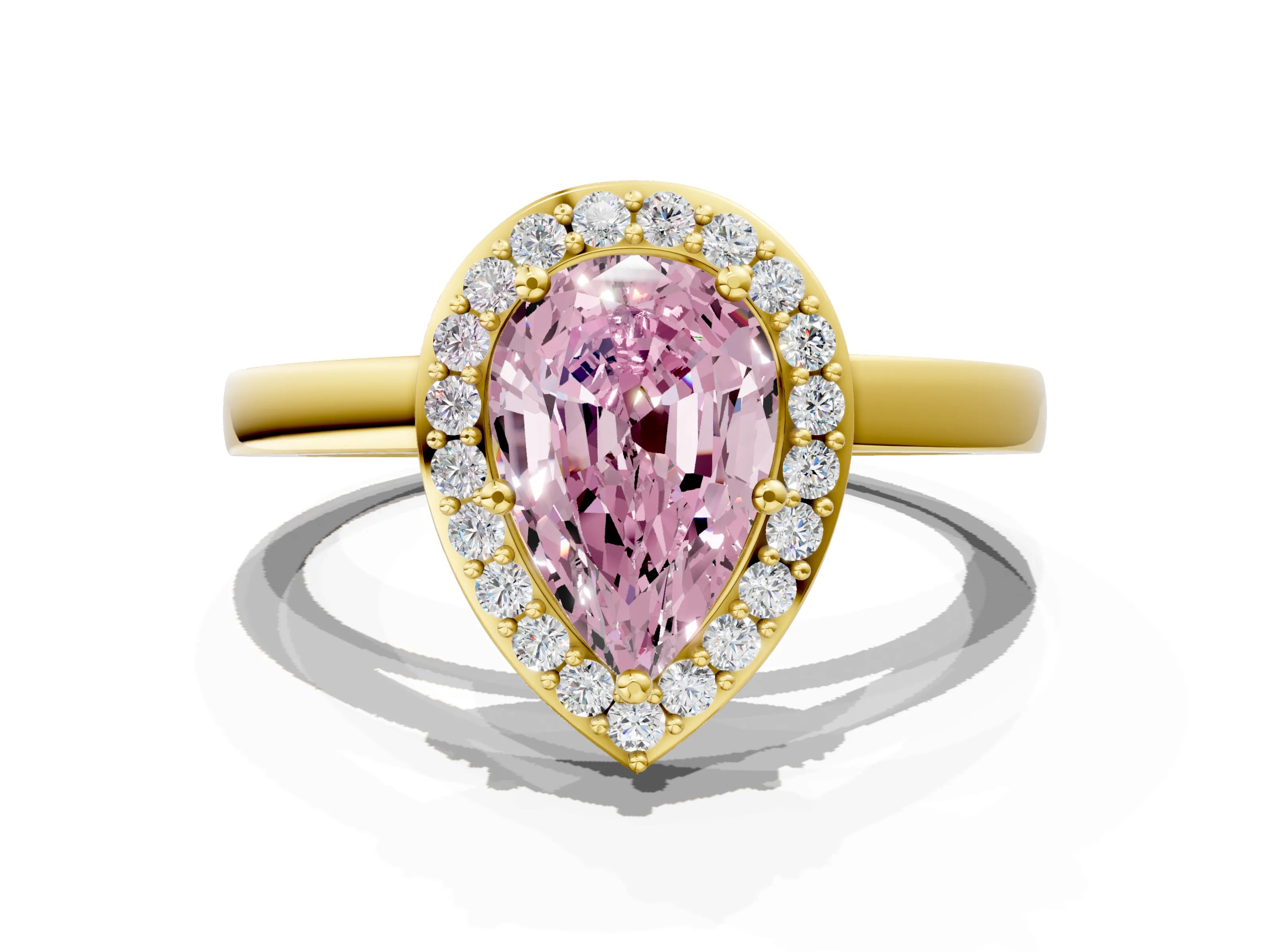 Yellow gold Fancy Pink Pear Cut Halo Diamond Ring with Solitaire Band and Prong Setting