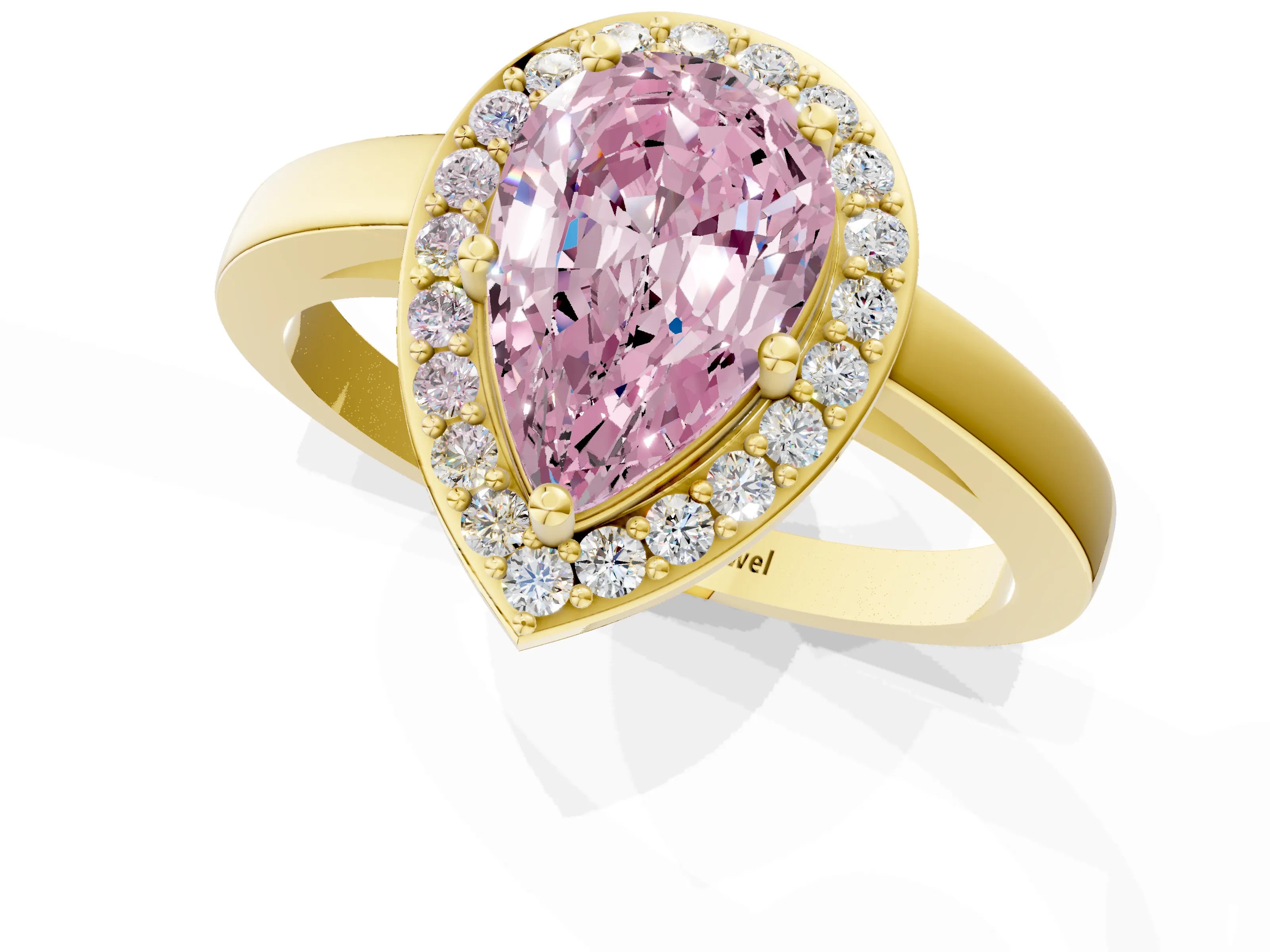 Yellow gold Fancy Pink Pear Cut Halo Diamond Ring with Solitaire Band and Prong Setting_1
