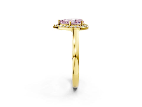 Yellow gold Fancy Pink Pear Cut Halo Diamond Ring with Solitaire Band and Prong Setting_2