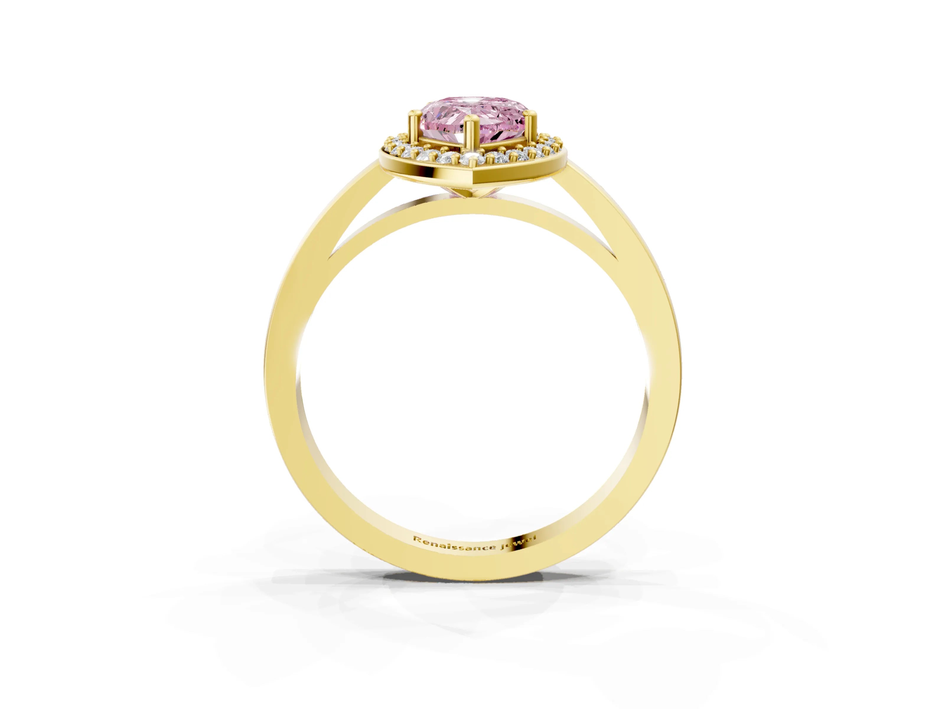 Yellow gold Fancy Pink Pear Cut Halo Diamond Ring with Solitaire Band and Prong Setting_3