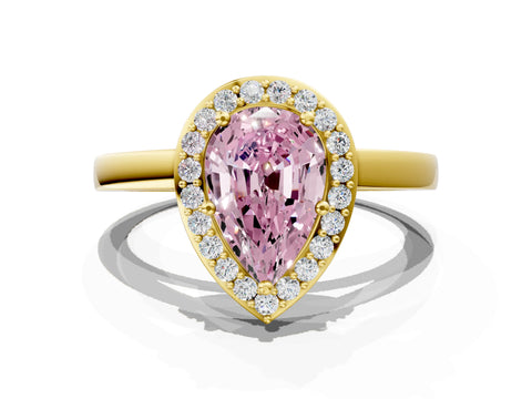 Yellow gold Fancy Pink Pear Cut Halo Diamond Ring with Solitaire Band and Prong Setting
