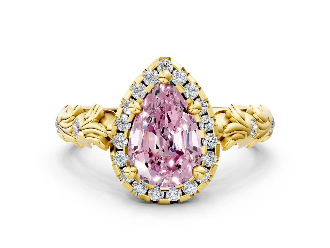 Yellow gold Fancy Pink Pear Cut Halo Diamond Solitaire with Filigree Band and Four-Prong Setting