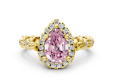 Yellow gold Fancy Pink Pear Cut Halo Diamond Solitaire with Filigree Band and Four-Prong Setting