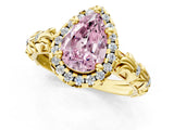 Yellow gold Fancy Pink Pear Cut Halo Diamond Solitaire with Filigree Band and Four-Prong Setting_1