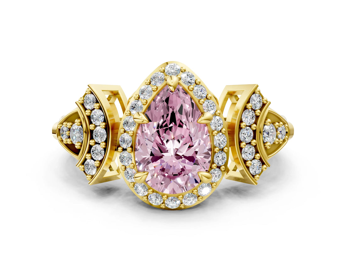 Yellow gold Fancy Pink Pear Cut Halo Diamond Split Shank Engagement Ring with Four-Prong Setting