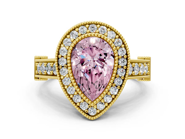Yellow Gold Pear-Shaped Vintage Bezel Halo Engagement Ring Setting for Fancy Pink Center