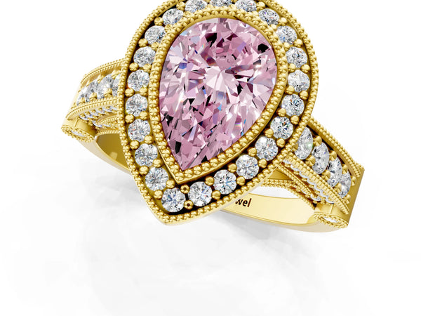 Yellow Gold Pear-Shaped Vintage Bezel Halo Engagement Ring Setting for Fancy Pink Center