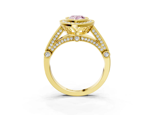 Yellow Gold Pear-Shaped Vintage Bezel Halo Engagement Ring Setting for Fancy Pink Center